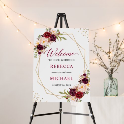Burgundy Floral Gold Geometric Wedding Sign Foam - Burgundy Floral Gold Geometric Wedding Sign Foam Board. 
(1) The default size is 18 x 24 inches, you can change it to other size.  
(2) For further customization, please click the "customize further" link and use our design tool to modify this template.