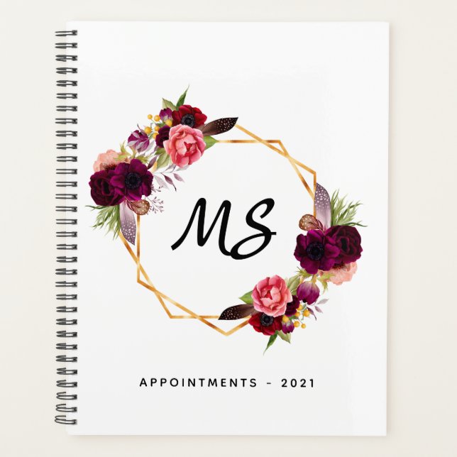 Burgundy floral gold geometric white monogram planner (Front)