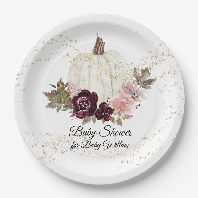 Burgundy Floral Gold Glitter Baby Shower Pumpkin Paper Plates (Front)