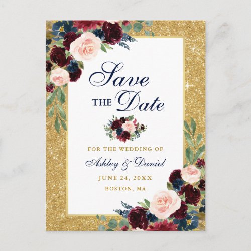 Burgundy Floral Gold Glitter Blue Save the Date Announcement Postcard