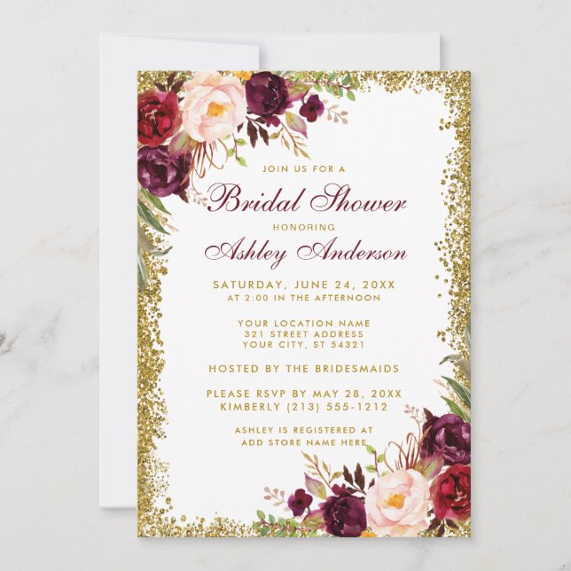 Burgundy Floral Gold Glitter Bridal Shower Invite (Front)