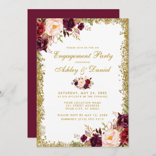 Burgundy Floral Gold Glitter Engagement Invite GB