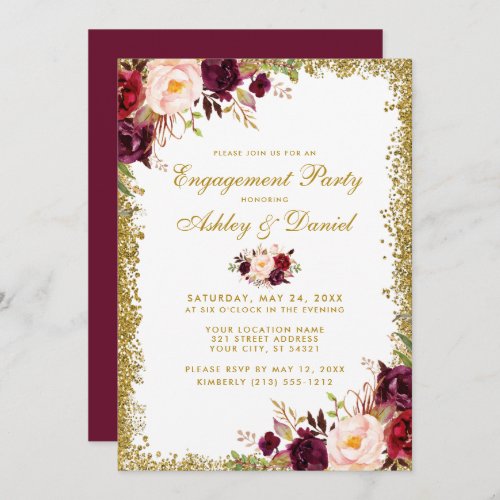Burgundy Floral Gold Glitter Engagement Invite GB
