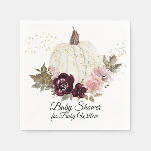 Burgundy Floral Gold Glitter Pumpkin Baby Shower Napkins