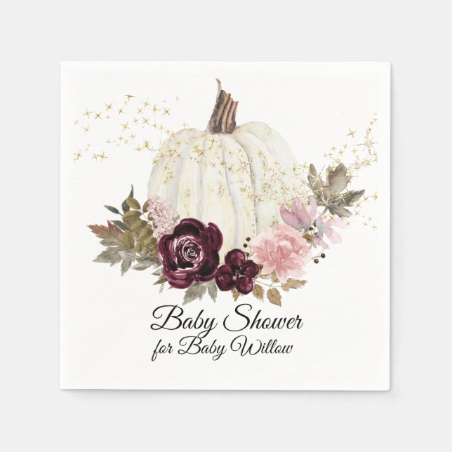 Burgundy Floral Gold Glitter Pumpkin Baby Shower Napkins (Front)