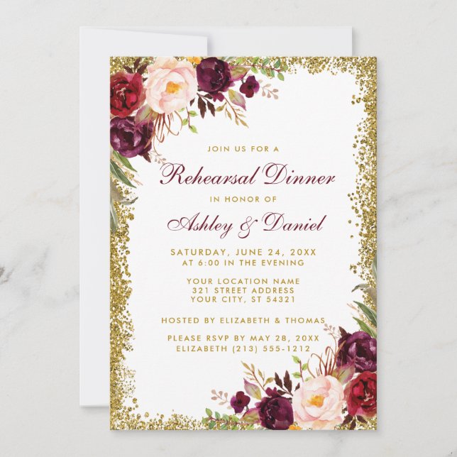 Burgundy Floral Gold Glitter Rehearsal Dinner Invitation (Front)