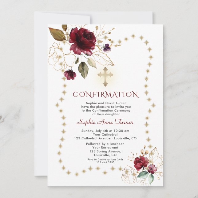 Burgundy Floral Gold Glitter Sparkles Confirmation Invitation (Front)