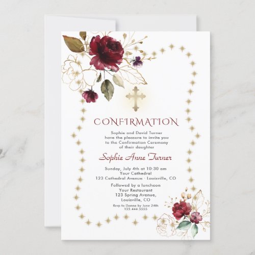 Burgundy Floral Gold Glitter Sparkles Confirmation Invitation