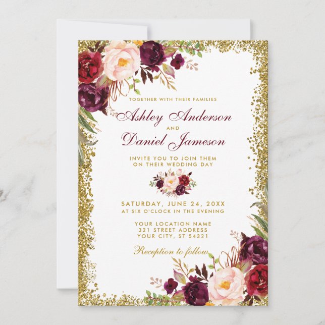 Burgundy Floral Gold Glitter Wedding Invitation (Front)