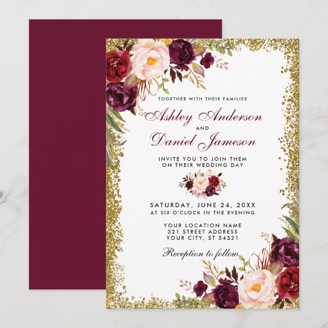 Burgundy Floral Gold Glitter Wedding Invitation GB (Front/Back)