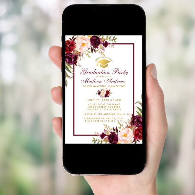 Burgundy Floral Gold Graduation Party Invitation (Front Digital)
