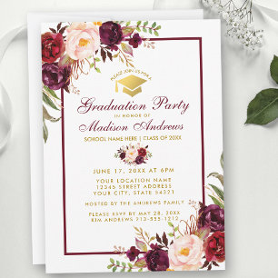 Burgundy Floral Gold Graduation Party Invitation