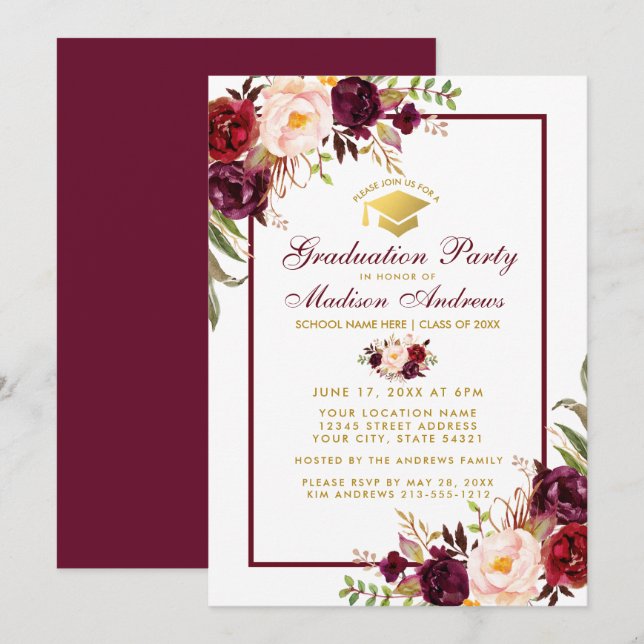 Burgundy Floral Gold Graduation Party Invitation B (Front/Back)
