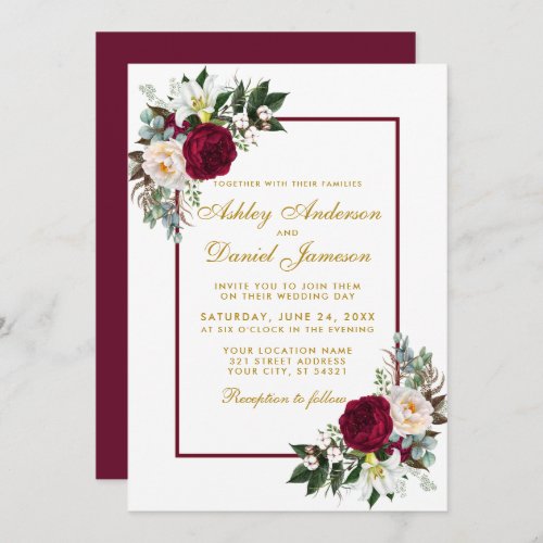 Burgundy Floral Gold Greenery Framed Wedding Invitation