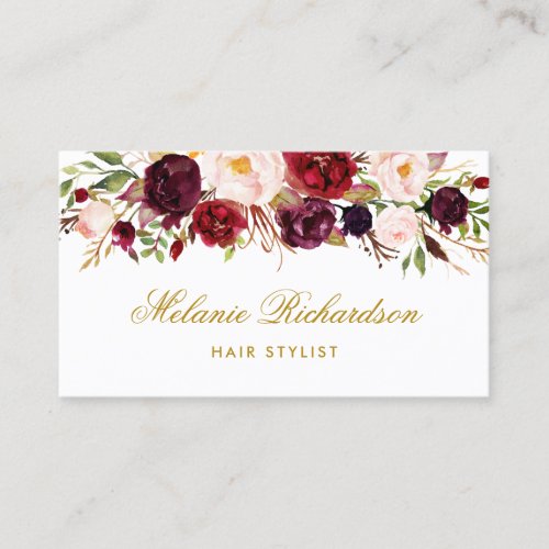 Burgundy Floral Gold Hair Stylist Appointment Card