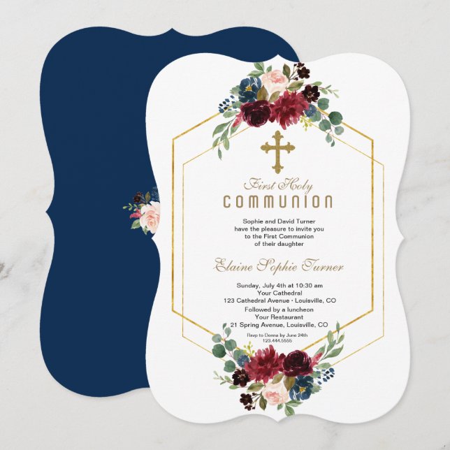 Burgundy Floral Gold Hexagon Frame Holy Communion Invitation (Front/Back)