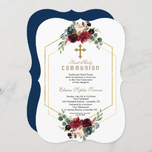 Burgundy Floral Gold Hexagon Frame Holy Communion Invitation