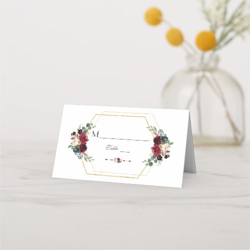 Burgundy Floral Gold Hexagon Frame Table Number Place Card