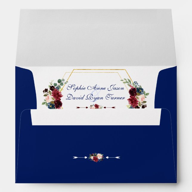 Burgundy Floral Gold Hexagon Frame Wedding Envelope (Back (Bottom))