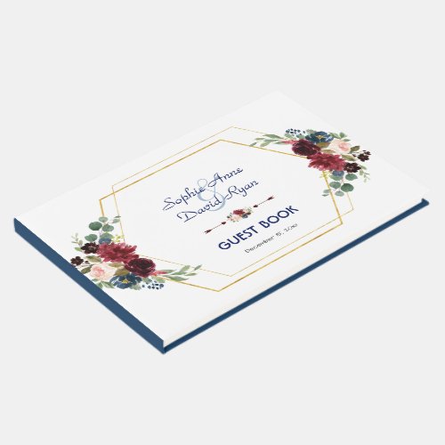 Burgundy Floral Gold Hexagon Frame Wedding Guest Book