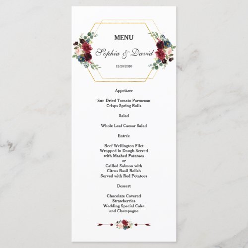 Burgundy Floral Gold Hexagon Frame Wedding Menu