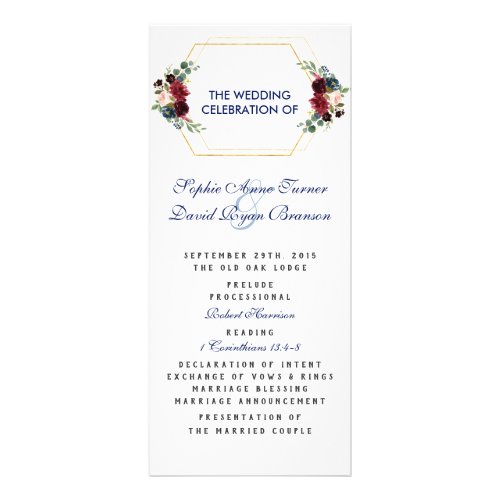 Burgundy Floral Gold Hexagon Frame Wedding Program