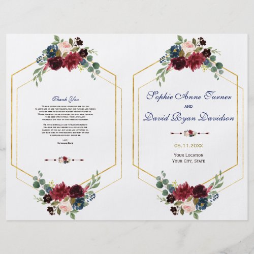 Burgundy Floral Gold Hexagon Wedding Program Flyer