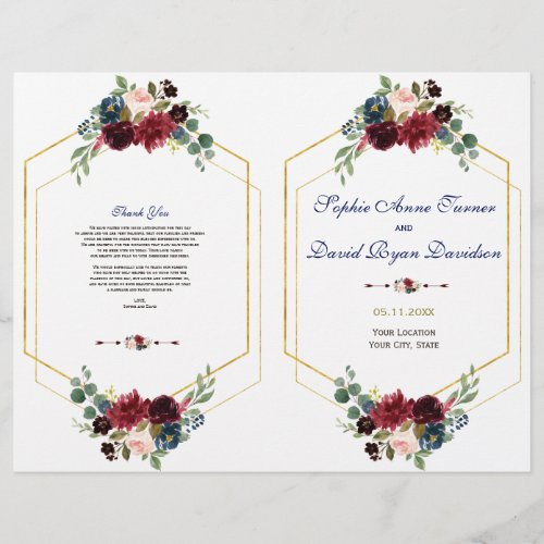 Burgundy Floral Gold Hexagon Wedding Program Flyer