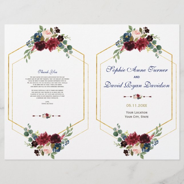 Burgundy Floral Gold Hexagon Wedding Program Flyer (Front)