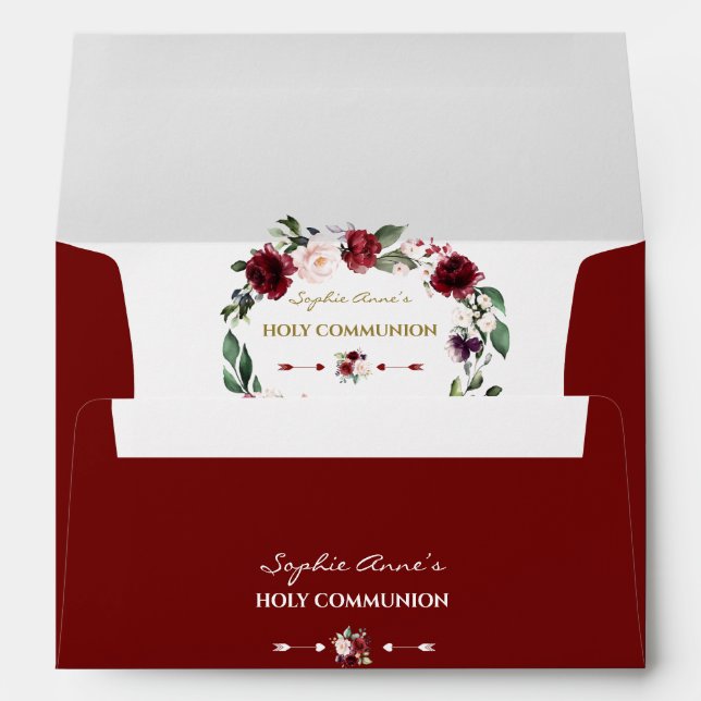 Burgundy Floral Gold Holy Communion Return Address Envelope (Back (Bottom))