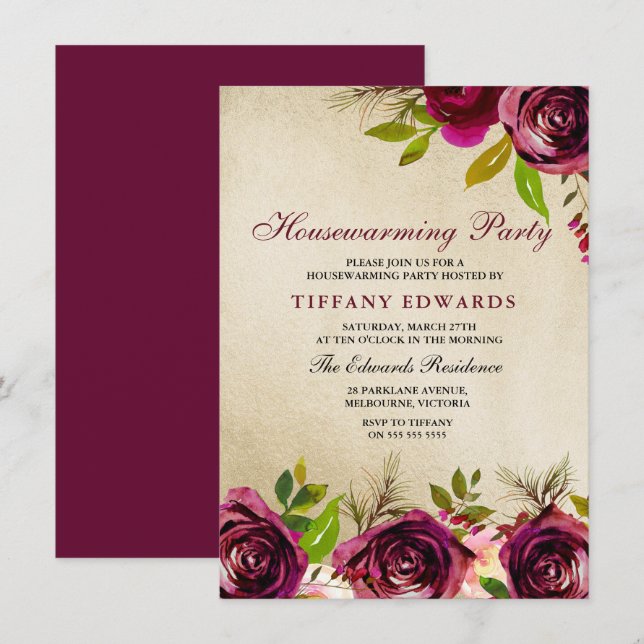 Burgundy Floral Gold Housewarming Party Invitation (Front/Back)