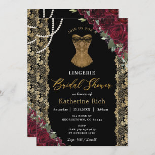 Burgundy Floral Gold Lace Lingerie Bridal Shower Invitation