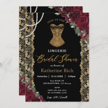 Burgundy Floral Gold Lace Lingerie Bridal Shower Invitation by LollipopParty at Zazzle