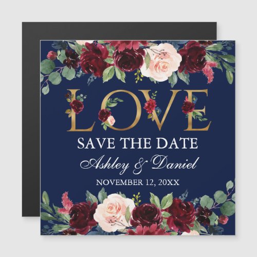 Burgundy Floral Gold Love Magnetic Save The Date