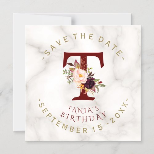 Burgundy Floral Gold Marble Birthday Save The Date Magnetic Invitation