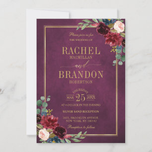 Burgundy Floral Gold Marsala Pink Rustic Wedding Invitation