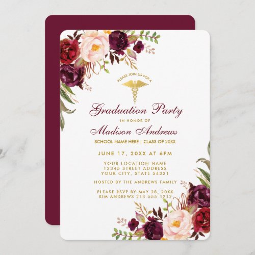 Burgundy Floral Gold Medical Grad Party Invite