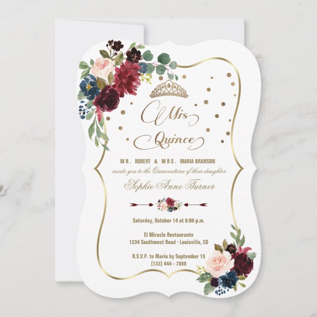Burgundy Floral Gold Mis Quince Script Quinceañera Invitation (Front)