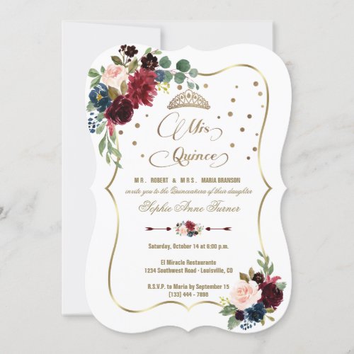 Burgundy Floral Gold Mis Quince Script Quinceaera Invitation