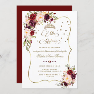 Burgundy Floral Gold Mis Quince Script Quinceañera Invitation