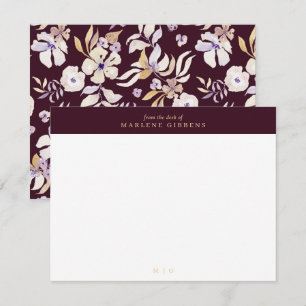 Burgundy floral gold monogram note card