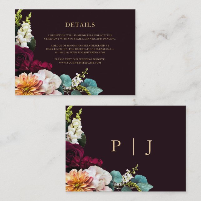 Burgundy Floral Gold Monogram Wedding Details Enclosure Card (Front/Back)