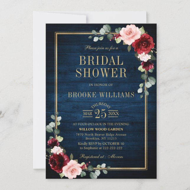 Burgundy Floral Gold Navy Blue Bridal Shower Invit Invitation (Front)