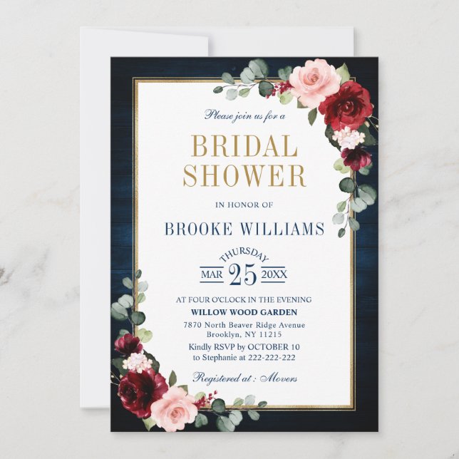 Burgundy Floral Gold Navy Blue Bridal Shower Invit Invitation (Front)
