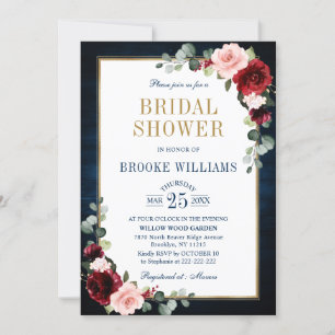 Burgundy Floral Gold Navy Blue Bridal Shower Invit Invitation