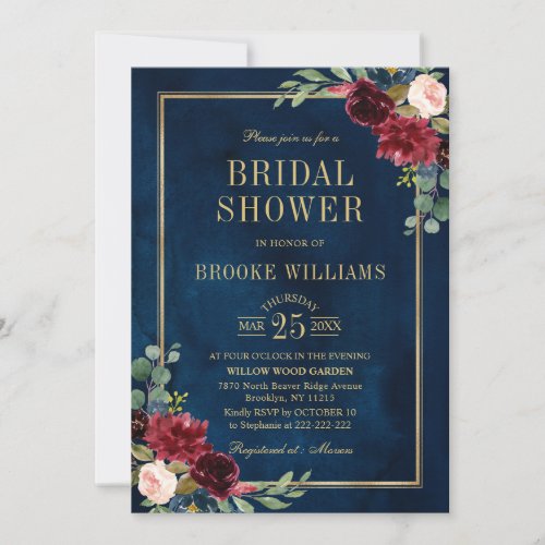 Burgundy Floral Gold Navy Blue Bridal Shower Invitation