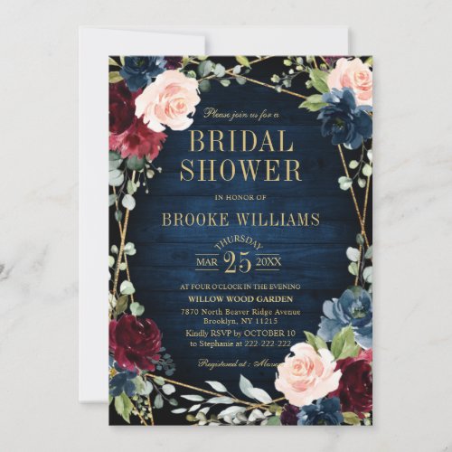 Burgundy Floral Gold Navy Blue Bridal Shower Invitation