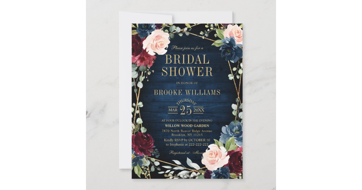 Burgundy Floral Gold Navy Blue Bridal Shower Invitation