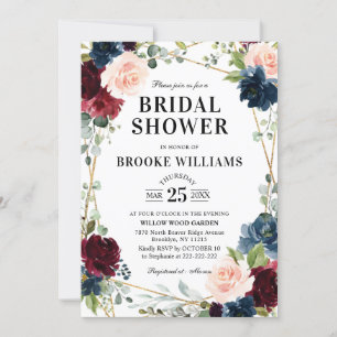 Burgundy Floral Gold Navy Blue Bridal Shower Invitation