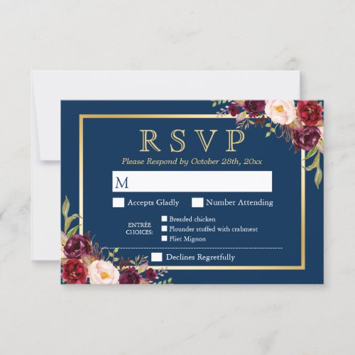 Burgundy Floral Gold Navy Blue Meal Options RSVP